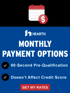 Advertisement for Hearth with monthly payment options. Includes a calendar, a dollar sign, and a call to action.