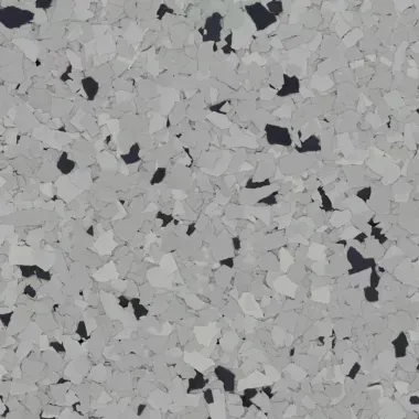 Gray and white speckled epoxy flooring with black accents.