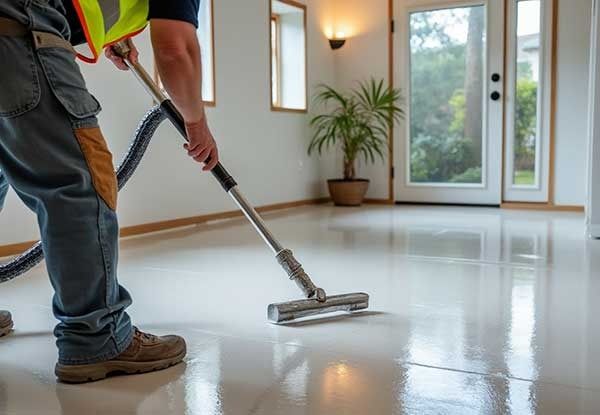 Person vacuuming a shiny, white floor. In a room with windows and a potted plant.
