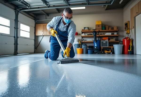 Man wearing mask and gloves applying epoxy floor coating in a garage.