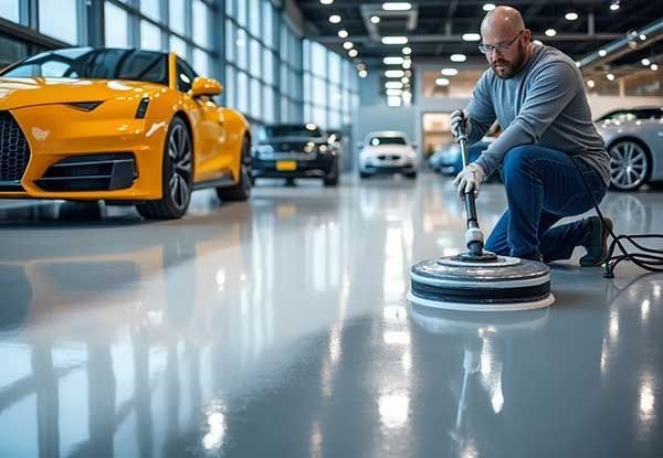 Man cleaning the floor of a car showroom with a polishing machine. Several cars are in the background.