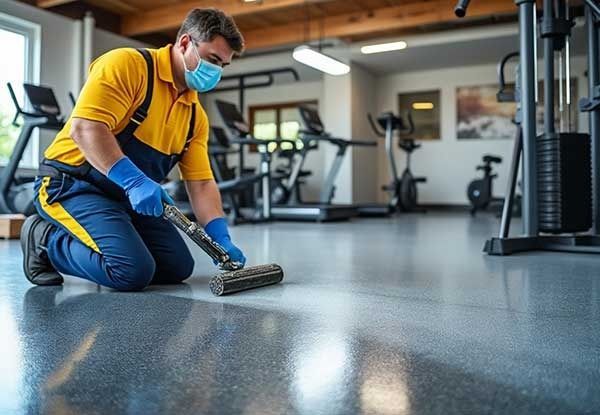 Man in mask cleaning a gym floor with a floor scrubber; machines in background.