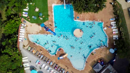 Aerial view of a Texas-shaped swimming pool filled with people, surrounded by lounge chairs and greenery.