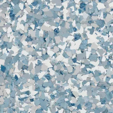 Blue, white, and gray floor flakes, possibly a concrete floor coating.