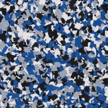Blue, gray, black, and white speckled epoxy floor coating.