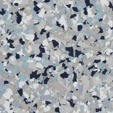 Floor with speckled pattern in shades of blue, gray, and white.