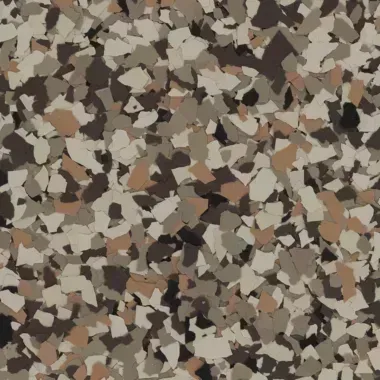 Multi-colored floor coating with beige, brown, and gray chips.