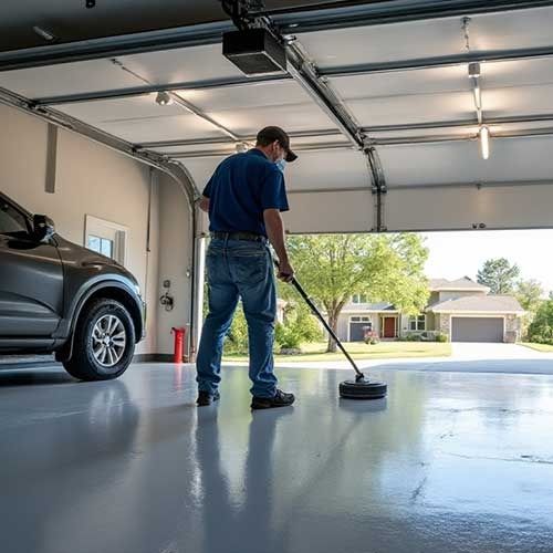 Man cleaning a glossy garage floor with a black machine, a car parked on the left, and a house visible through the open door.