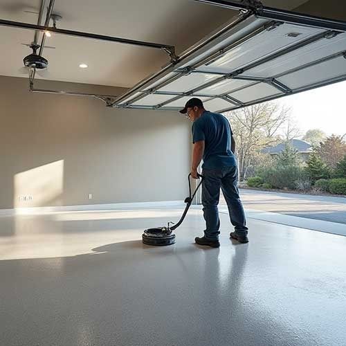 Man applying coating to a garage floor with an electric polisher.