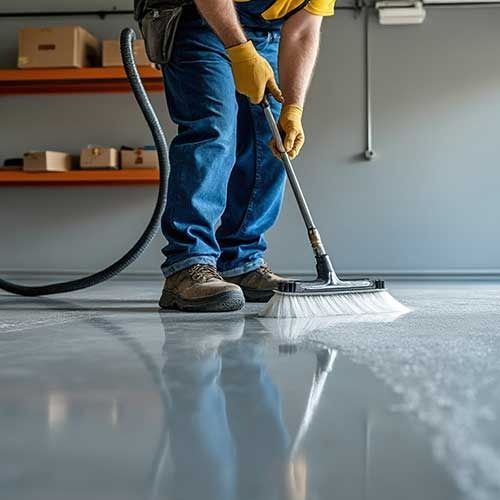 A person wearing yellow gloves and boots sweeps a floor with a brush connected to a vacuum.