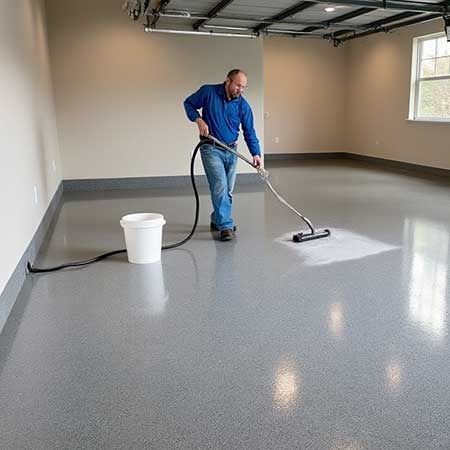 Man cleaning a gray epoxy-coated garage floor with a squeegee, using a hose and bucket.