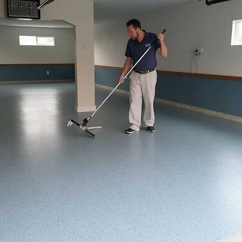 Man applying epoxy coating to a garage floor with a tool. Blue floor, blue and tan walls.