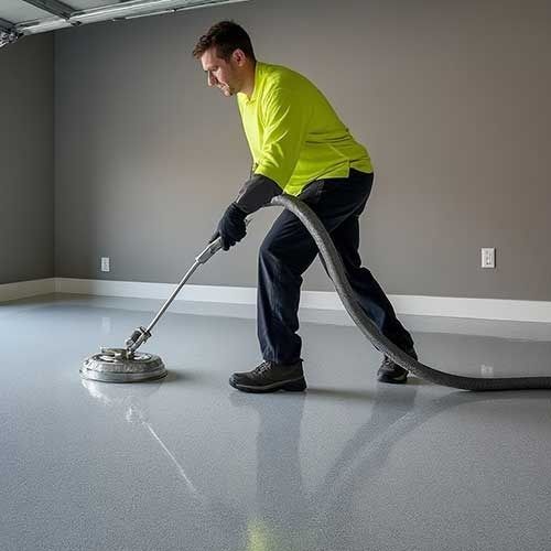 Man using a floor buffer to clean a shiny, gray epoxy garage floor.
