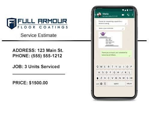 Service estimate from Full Armour Floor Coatings, displayed on a phone. Details include address, phone, job details, and price.