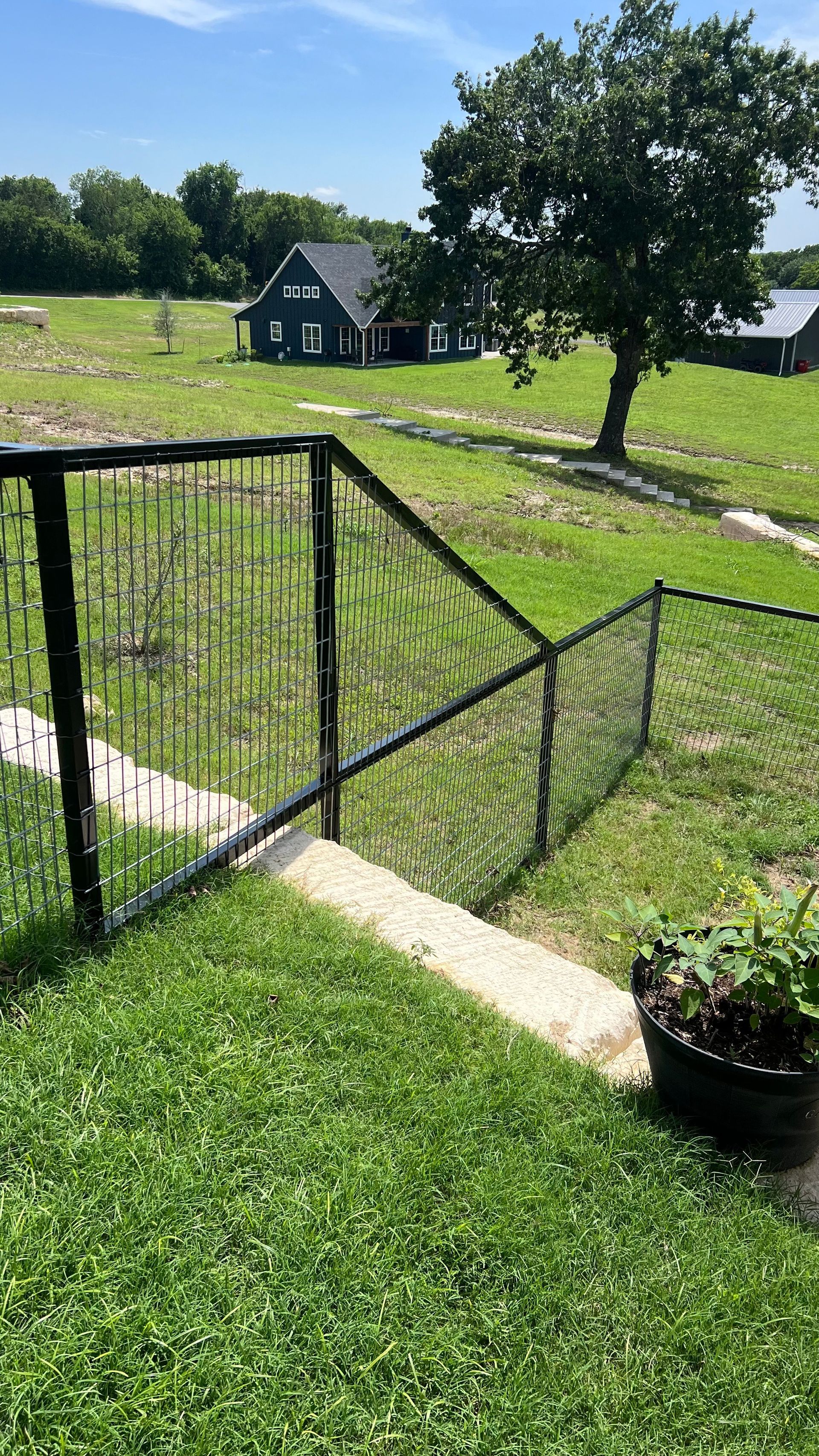 Black metal fence around a grassy area leading to steps, with a house in the background.