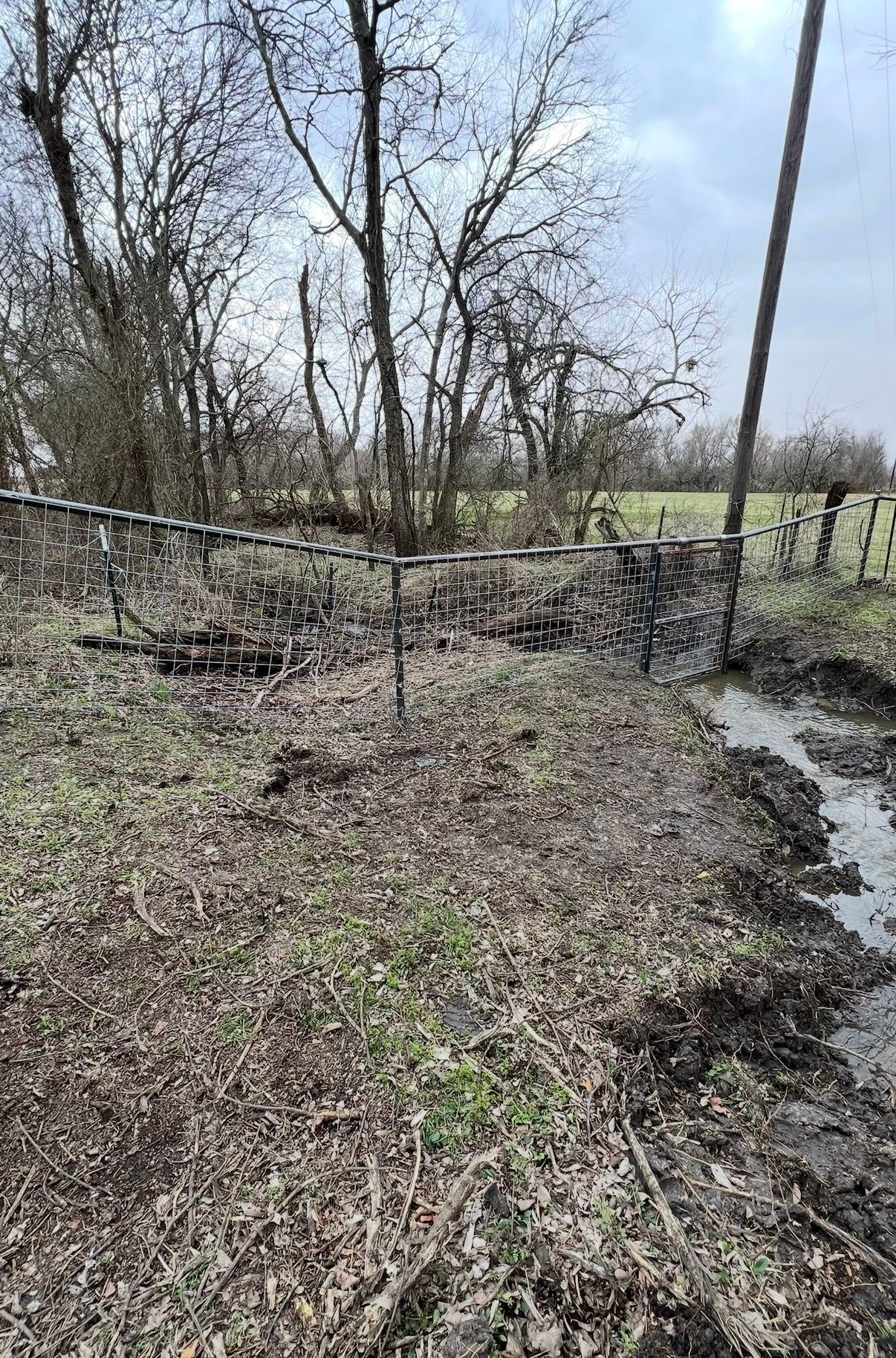 A wire fence runs through a muddy, wooded area with a small stream along the right edge under a cloudy sky.
