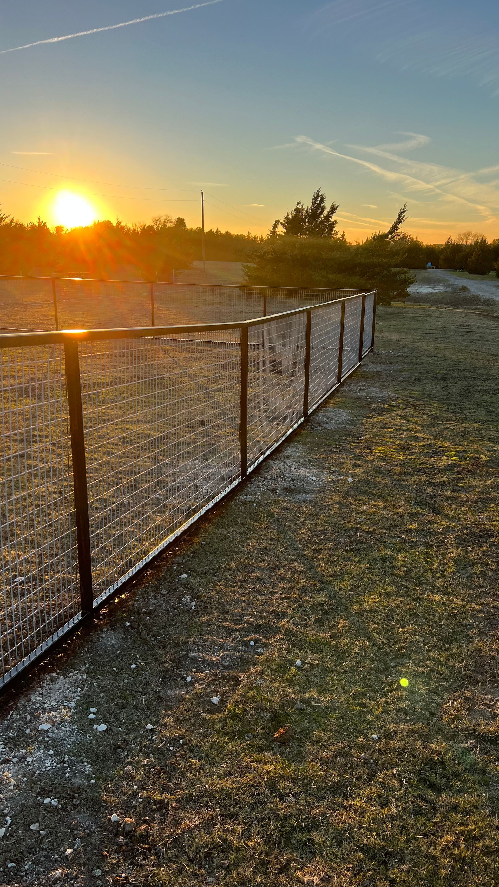 The sun is setting behind a fence that is covered in ice.