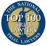 Logo: The National Top 100 Trial Lawyers. Gold and blue, woman with scales of justice.
