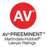 Red circle with white "AV" inside, "AV Preeminent" by Martindale-Hubbell, Lawyer Ratings.