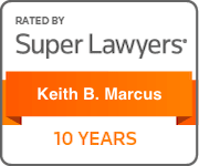 Super Lawyers badge: Keith B. Marcus rated for 10 years. Orange and white with text.