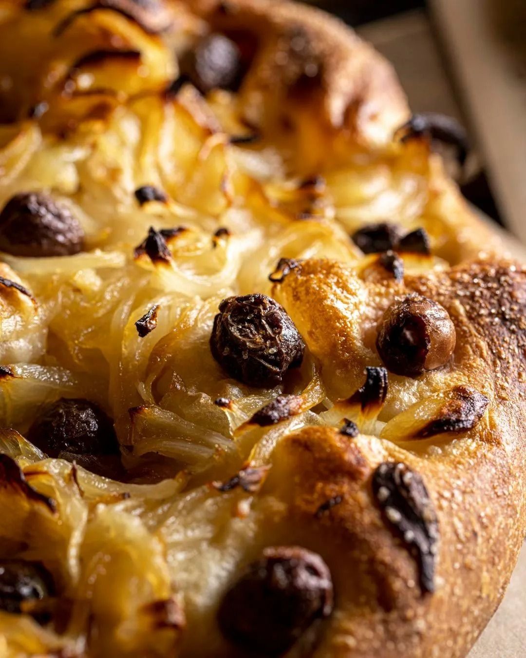 Primo piano di focaccia condita con cipolle caramellate e olive scure.