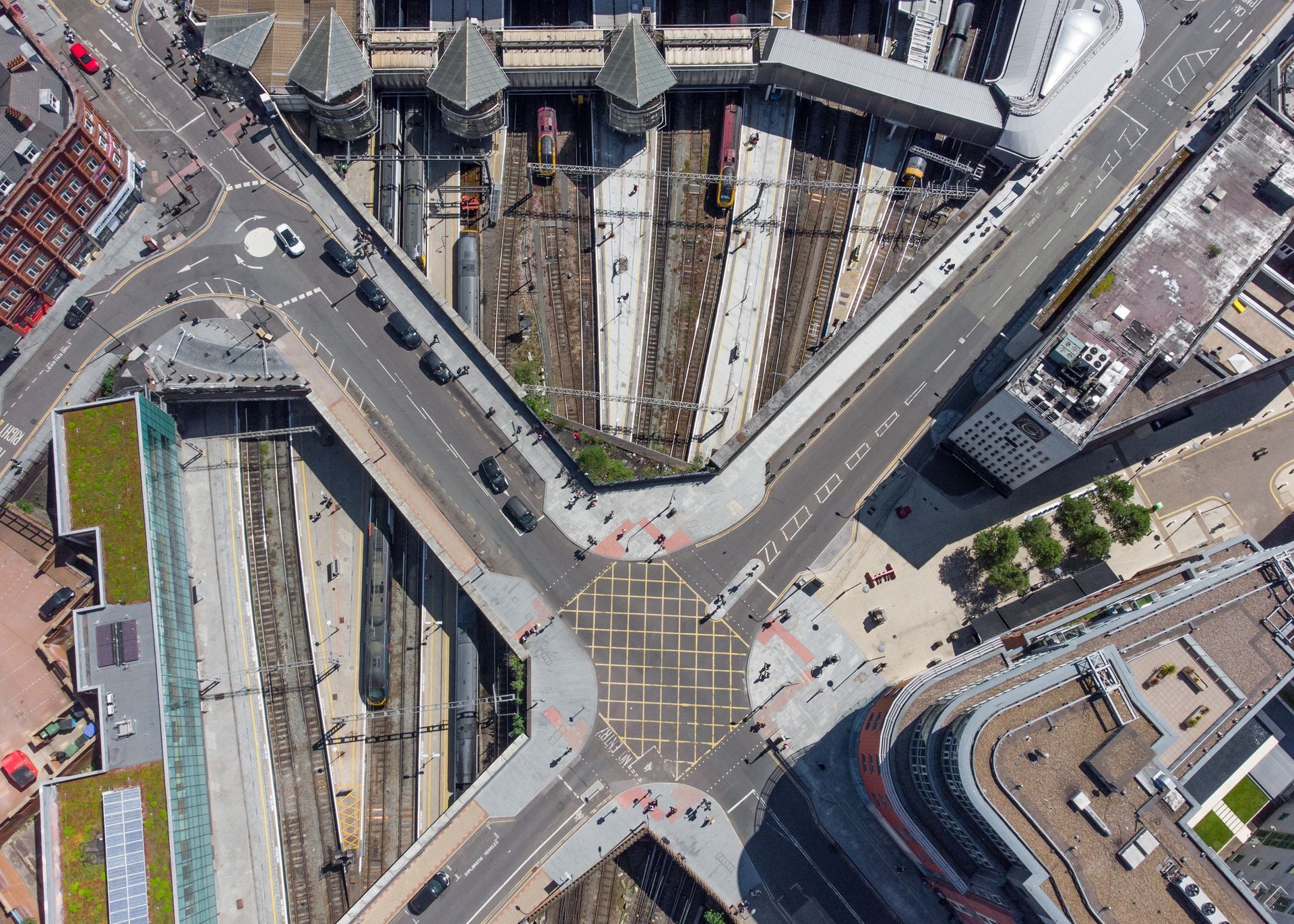 A Birdseye view of a large city intersection