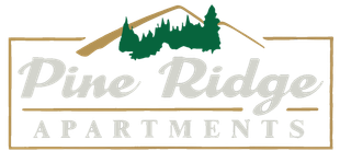 The pine ridge apartments logo has a mountain and trees on it.