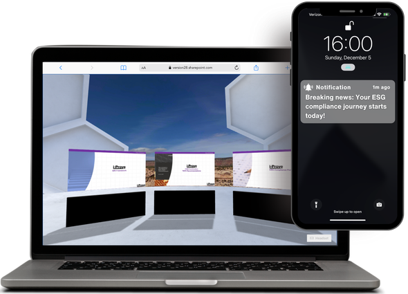 esg platform on a laptop and a phone displays a notification that says your esg compliance journey starts today