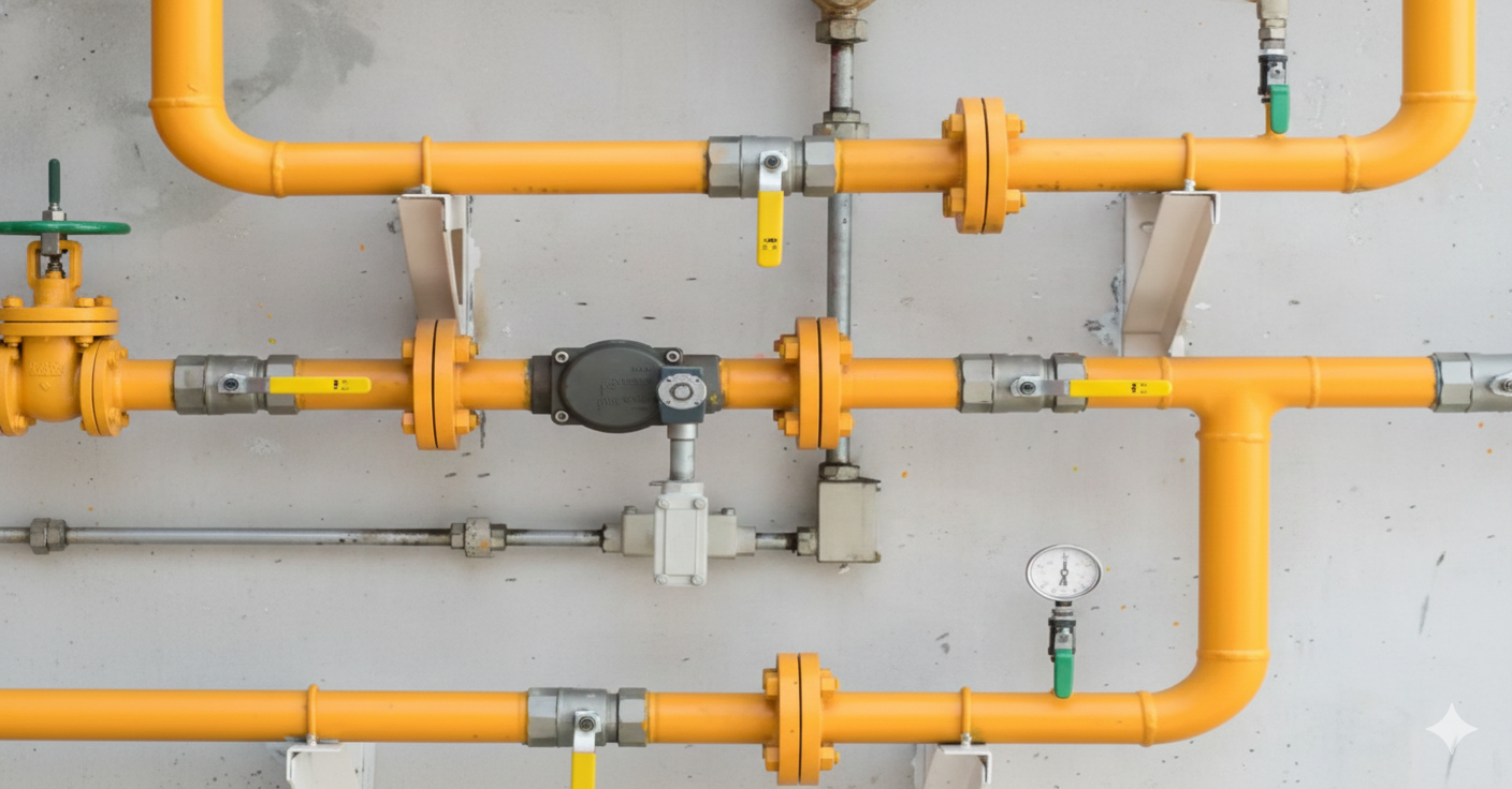 Yellow pipes and valves on a gray wall, forming a gas pipeline system.