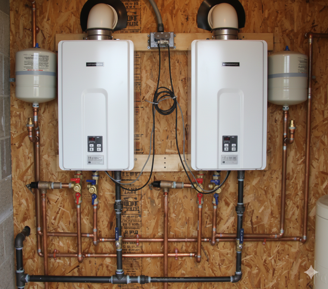 Two white tankless water heaters mounted on a wood wall with copper and black pipes, and expansion tanks.