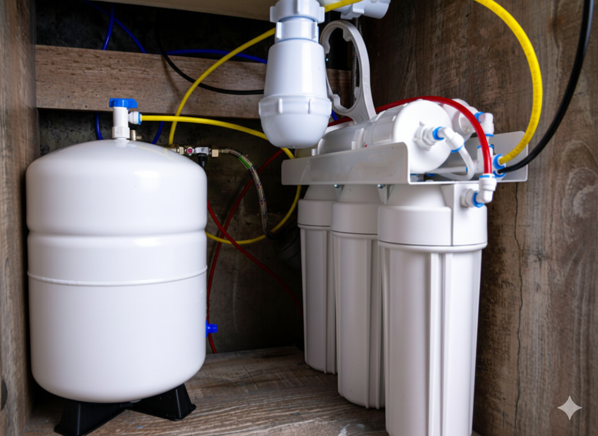 Reverse osmosis water filtration system under a sink, with white filters, tank, and connected tubing.