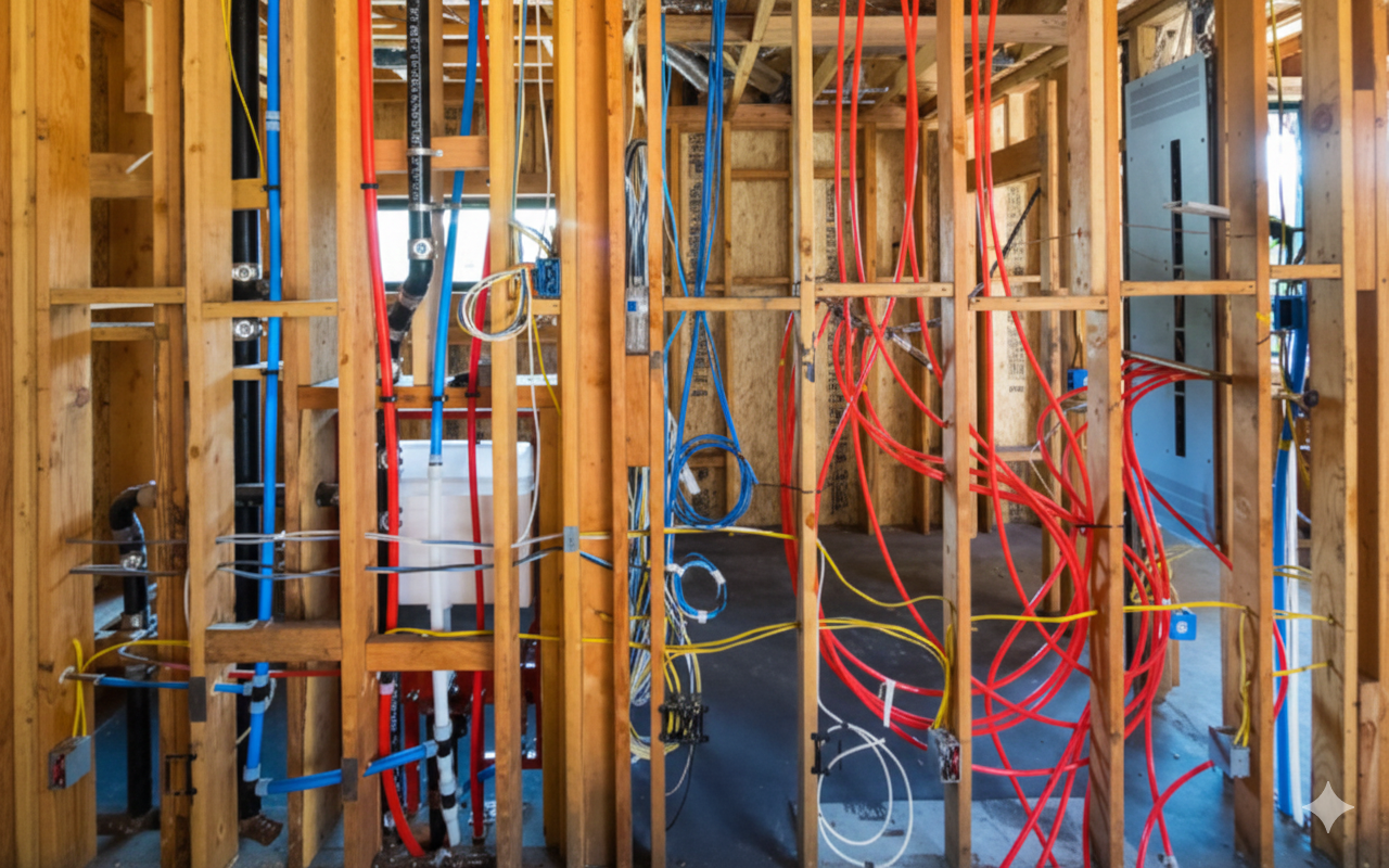 Wooden wall frame with visible plumbing and wiring of various colors.