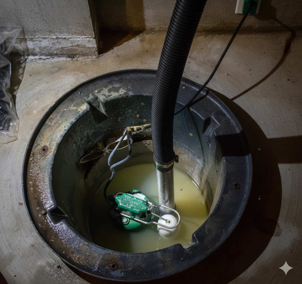 A sump pump with water inside a cylindrical container, black hose, and a green float switch.