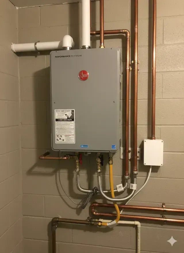 Gray Rheem tankless water heater with copper pipes and white PVC in a basement setting.
