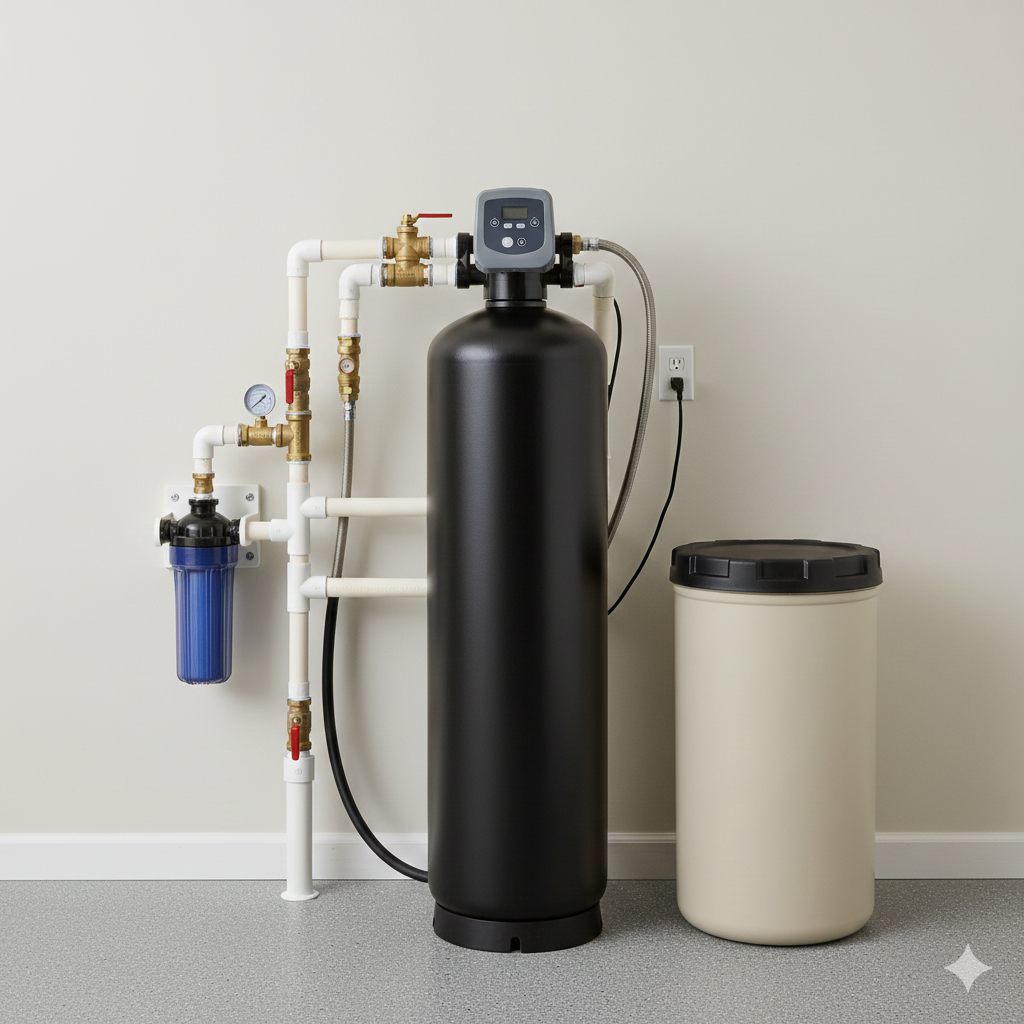 Water softener system installed against a neutral wall. Black tank, blue filter, beige salt tank.