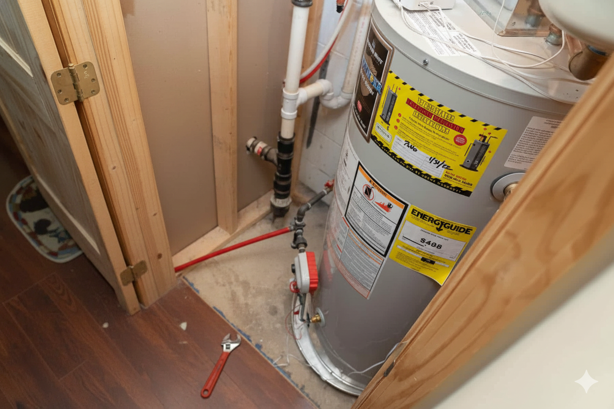 Water heater in a small utility closet. Red and white pipes, wrench on floor.