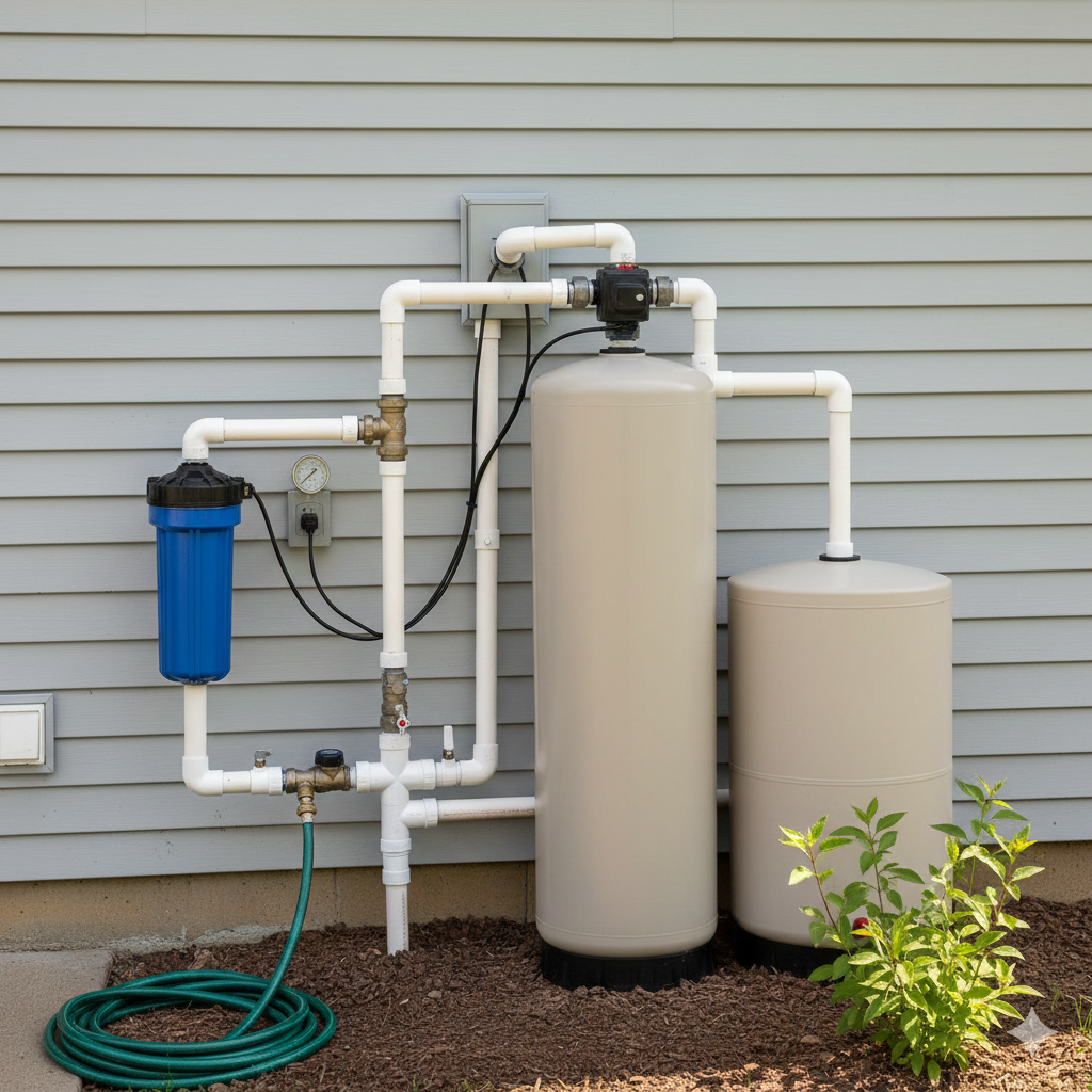 Water filtration system mounted outside on a gray siding wall with connected pipes and tanks.