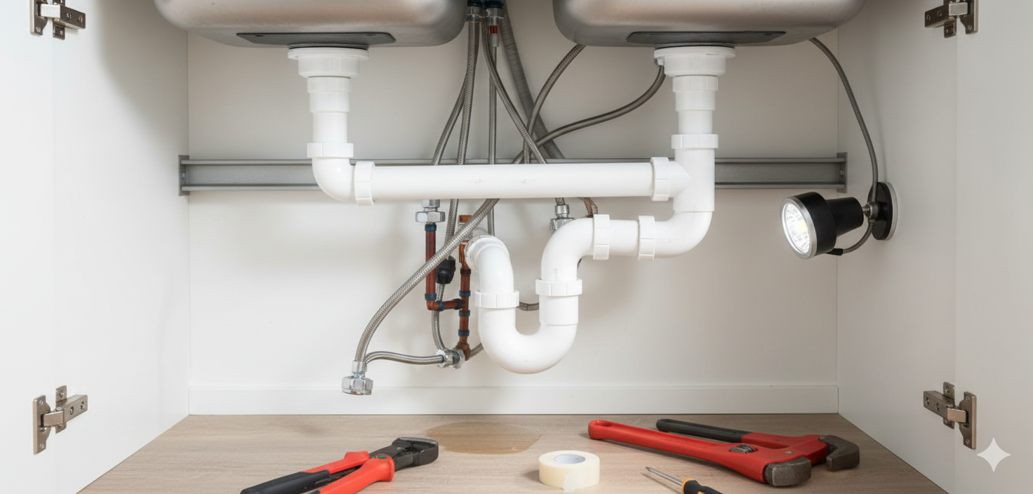 Under-sink plumbing with tools: pliers, wrench, and tape. White pipes, cabinet, and light.