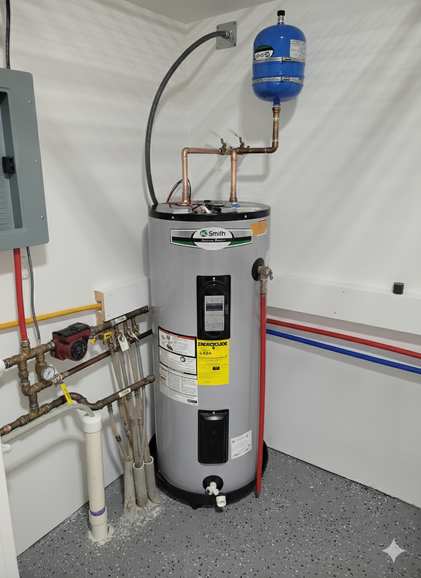 Water heater with blue expansion tank, copper pipes, and electrical panel in a utility room.