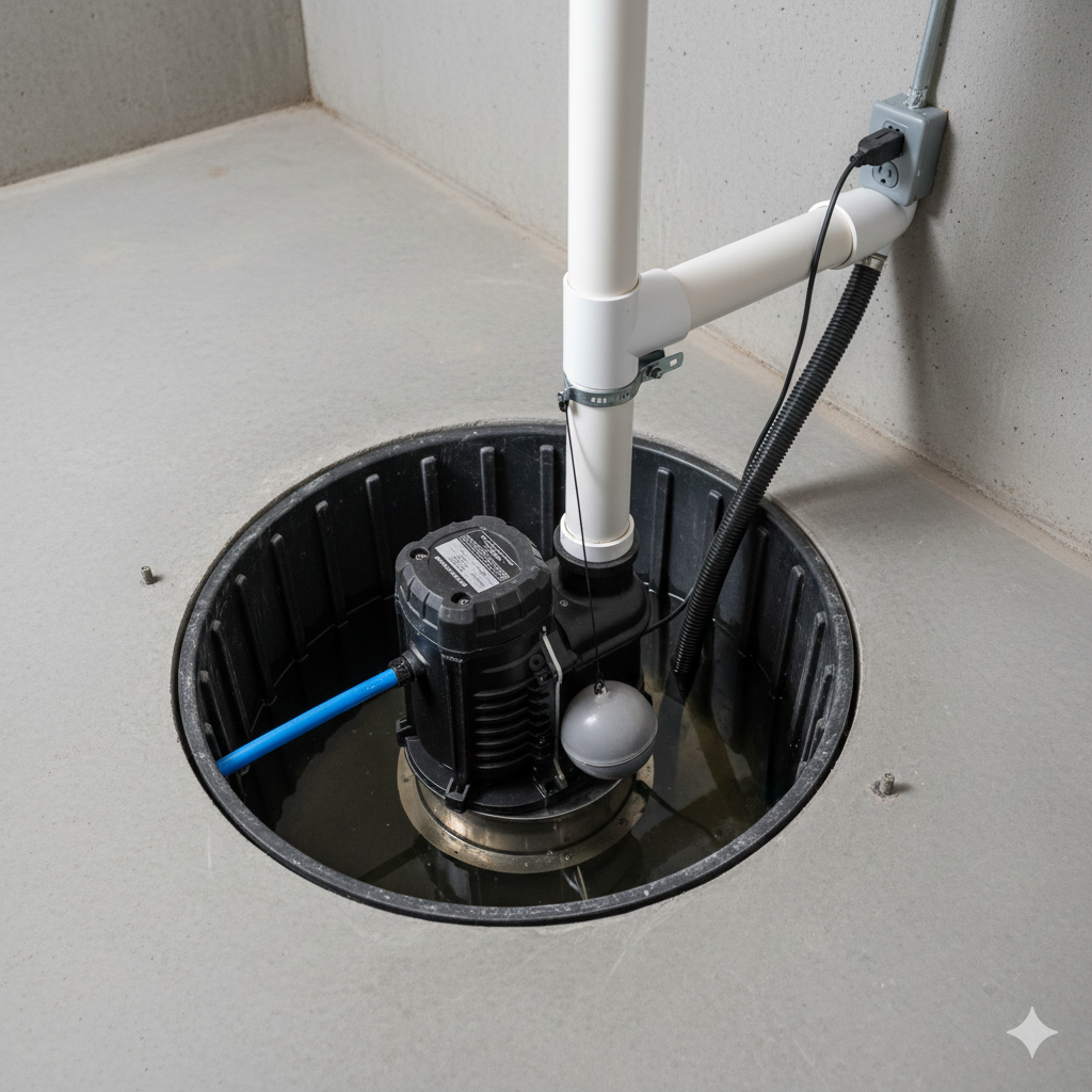 Sump pump in a pit, surrounded by water, with a white pipe leading upward.