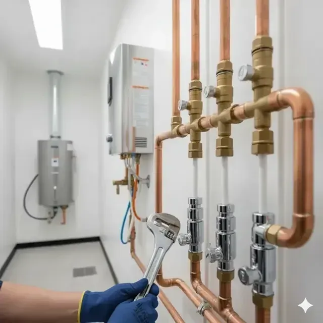 Plumber in blue gloves, using a wrench on copper pipes. Two water heaters in a utility room.