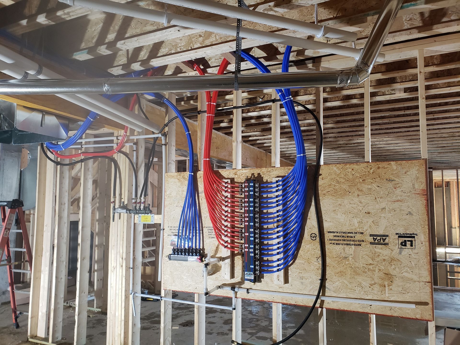 Plumbing in wooden-framed structure, red and blue PEX pipes arranged on plywood panel; overhead pipes visible.