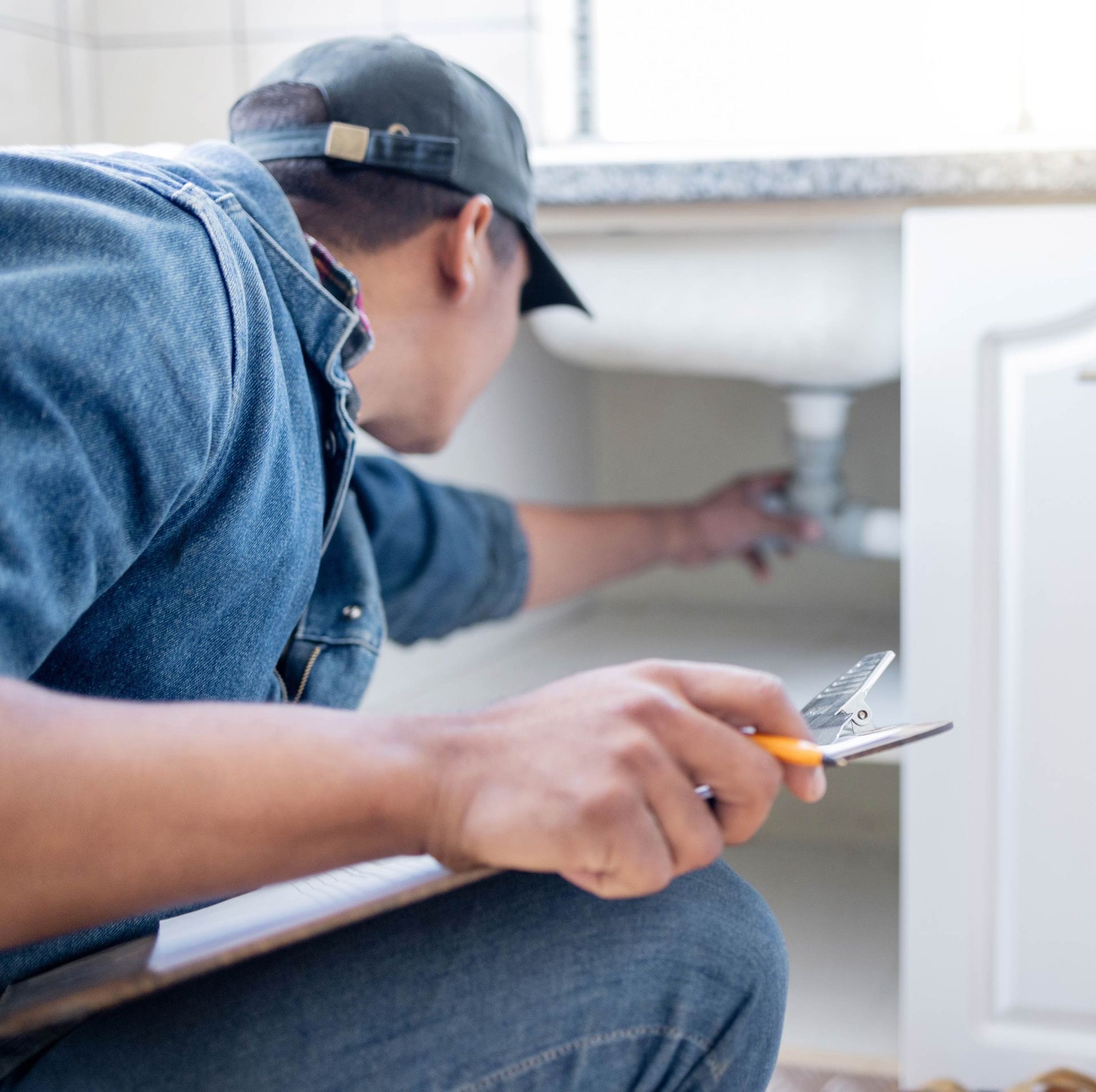 Plumber man, technician and clipboard document for pipeline.