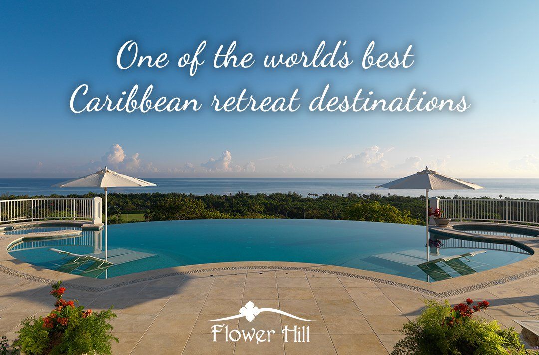 Pool overlooking sky with text saying one of the best Caribbean retreat destinations