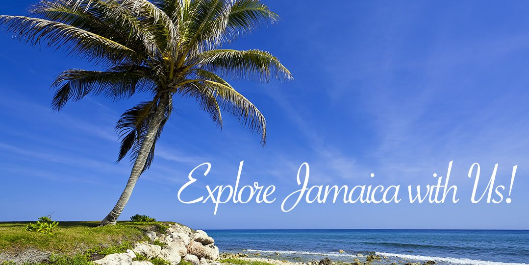 Beach Shore in Montego Bay with Palm Tree and Text reads Explore Jamaica with Us
