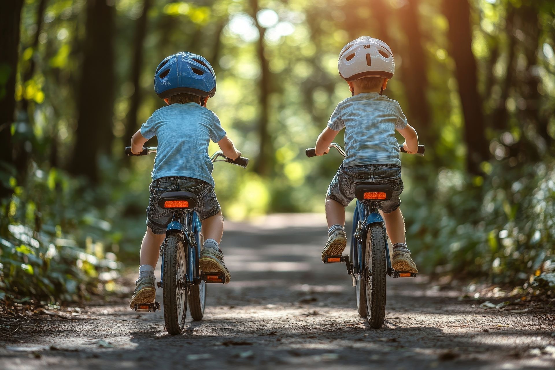 Two young boys are riding bicycles down a path in the woods.