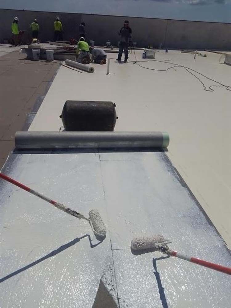 Workers apply a white roof coating with paint rollers on a flat rooftop on a sunny day.