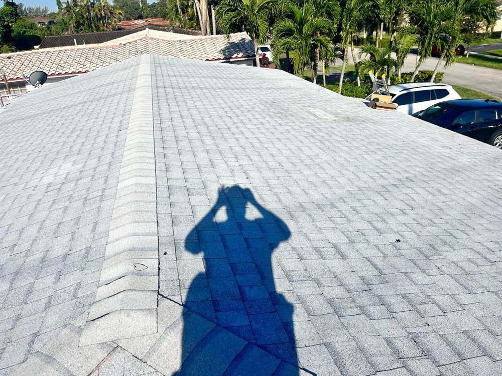 A person's shadow cast onto a light gray asphalt shingle roof, with a residential neighborhood visible in the background.