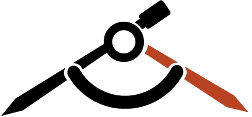 A drafting compass icon with a black frame and a red pencil point.