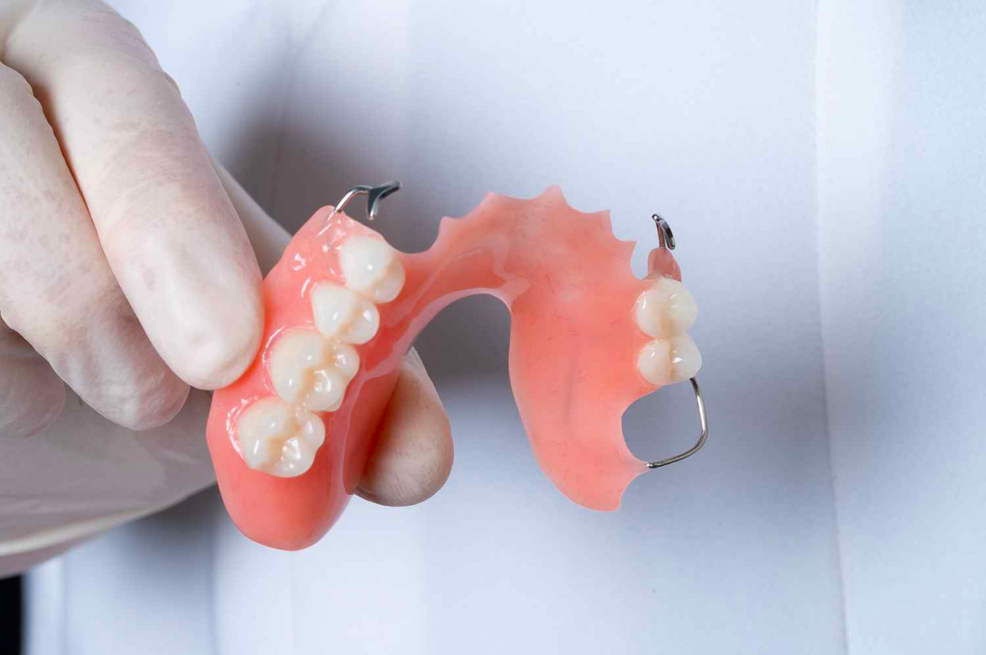 A dentist is holding a denture in their hand.